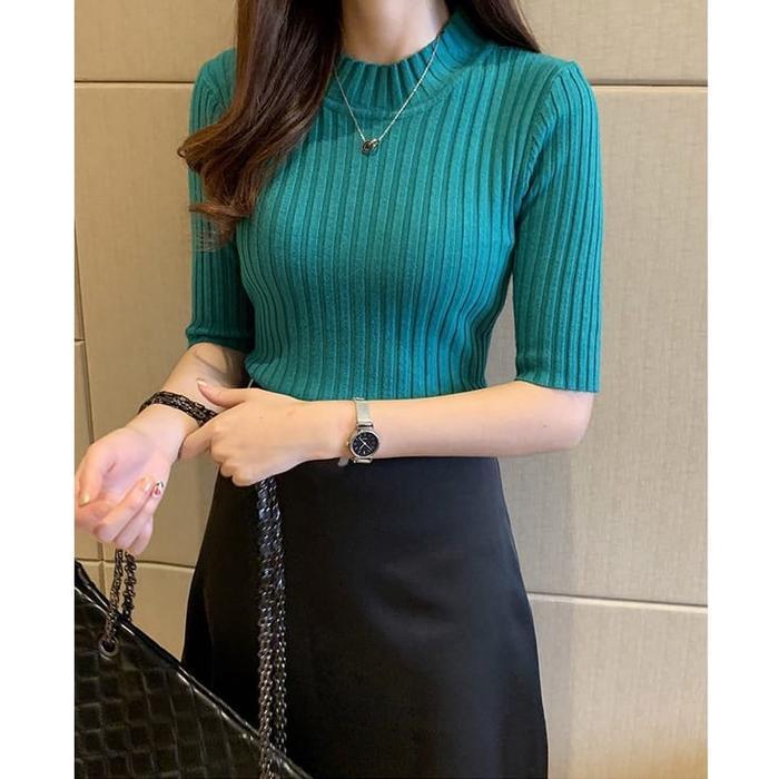 Premium Rajut Wanita Midi Turtleneck Premium Turtle Neck Lengan Pendek Atasan Baju Rajut Cewe