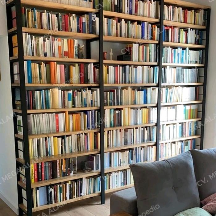 Rak Buku kantor Toko Perpustakaan hambalan kayu asli rangka besi hollow ukuran 30*200*250cm