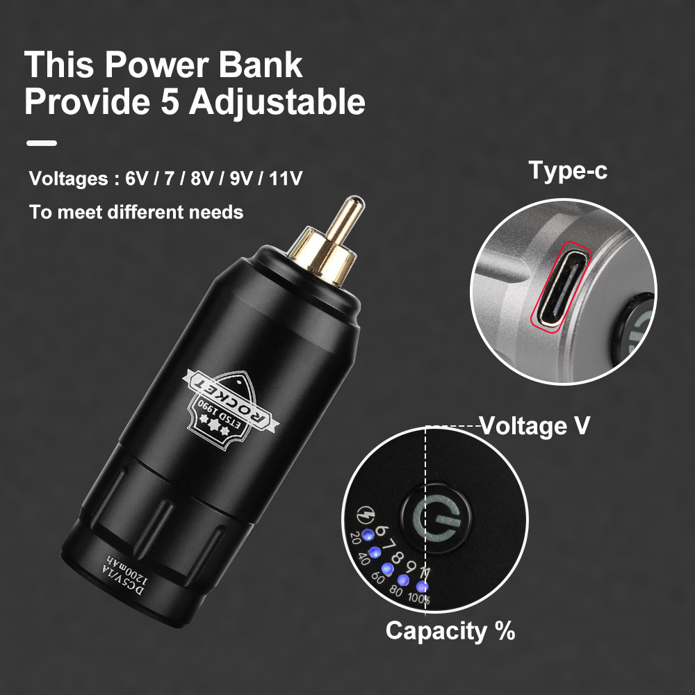 Professional Mini Rocket Wireless Tattoo Power Supply RCA Interface Chargeable Rotary Tattoo Pen