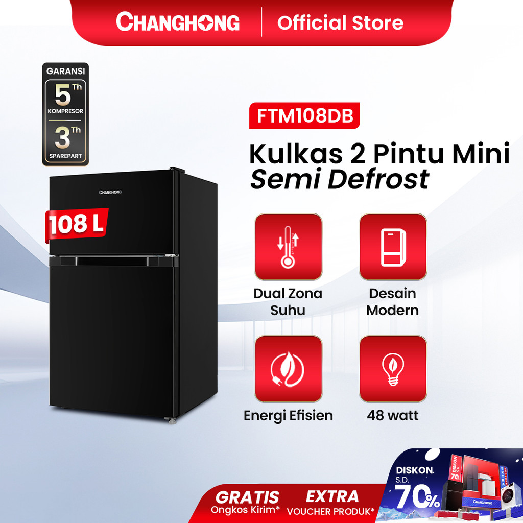 New Changhong Kulkas 2 pintu Mini (Refrigerator) Lemari Es Kapasitas 108 Liter – Black FTM108DB (Sem