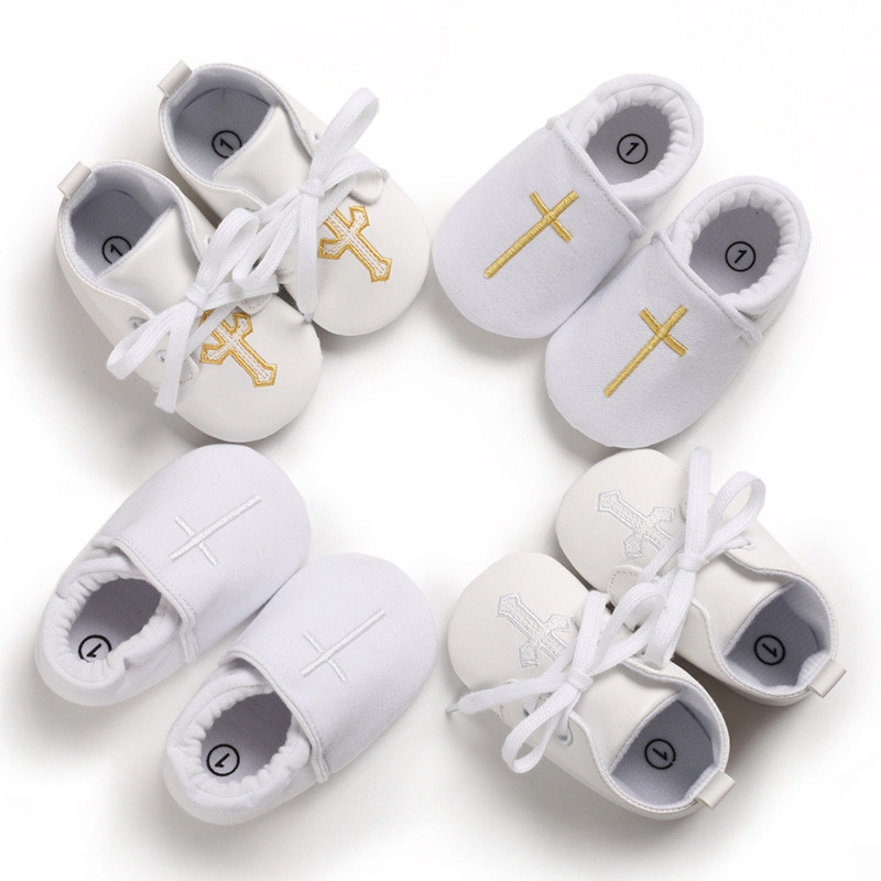 Newborn Baby White Baptism Shoes Soft Anti-Slip Toddler Boy Girl Christening Golden Church Soled