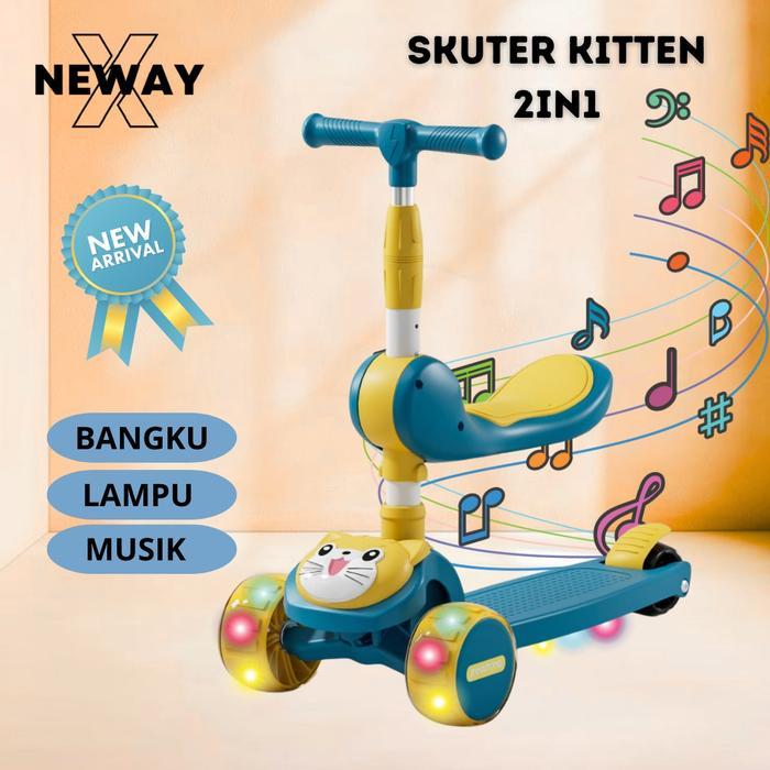 Newayx Skuter Mainan Anak Kucing Lucu 2 In 1 Scooter Lipat 2In1 Bangku Roda Tiga Lampu Musik Rem