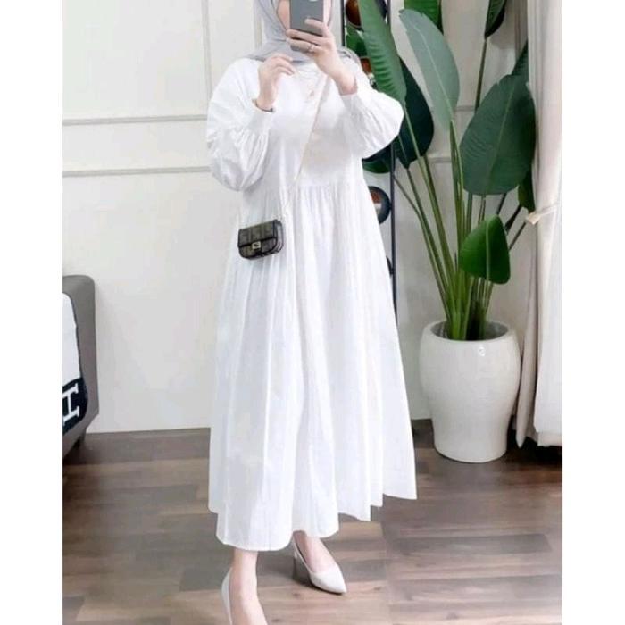 gamis putih polos/midi dress/dress wanita kekinian matt crinkel airflow Dress Remaja Muslim Cantik