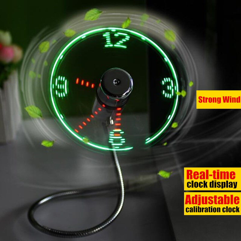 DIY USB Fan Gadget Mini LED Light Flash Clock Fan Flexible Alloy Real-time Clock Display Cool Fan