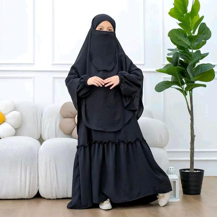 TERLARIS Amira Syar'i Kids Putih Dan Hitam 7-15 Tahun Gamis Hitam Cringkel Airflow Set Hijab Cadar