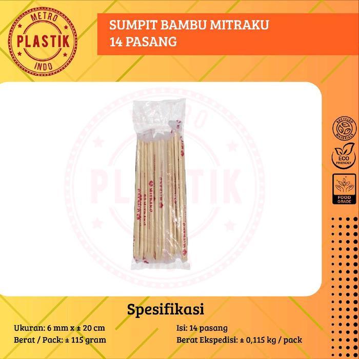 Sumpit Bambu Higienis Isi 14 Pasang / Sumpit Mitraku 6mm x 20cm / Sumpit Bakmi / Sumpit Kayu 14
