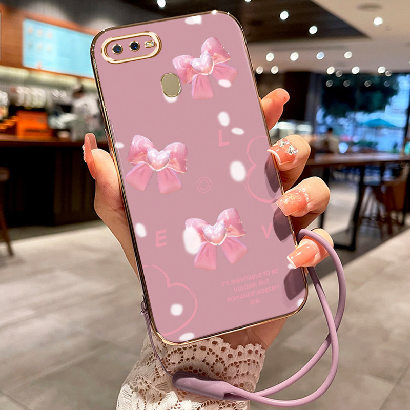 Casing Hp Untuk OPPO A7 A5s A12 A12s A11k Case Bow Pink pelapisan elektro Cesing silikon Kasing Soft