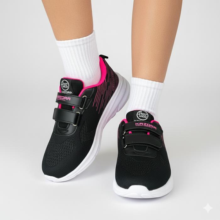KAZORA KIDOZ Sepatu Sekolah Anak Dan Dewasa Laki Laki Dan Perempuan Perekat Velkro Sepatu Hitam Pink