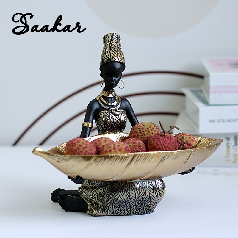 SAAKAR Resin Eksotis Hitam Wanita Penyimpanan Patung Afrika Gambar Rumah Desktop Dekorasi Kunci Perm