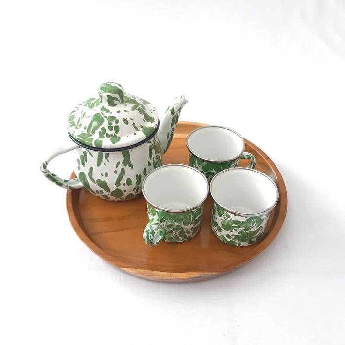 SET TEKO CEBOL + 3 CANGKIR MUG ENAMEL BLURIK DAN NAMPAN KAYU JATI
