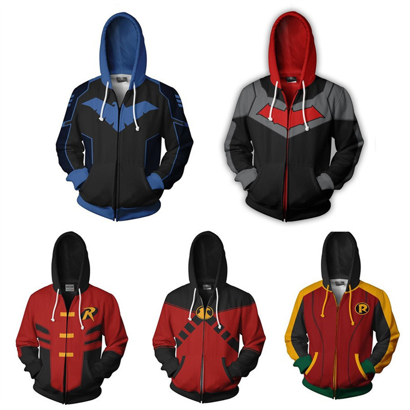 Superhero Nightwing Robin Cosplay Hoodie Costume Sweatshirt Halloween Zipper Outerwear Casual