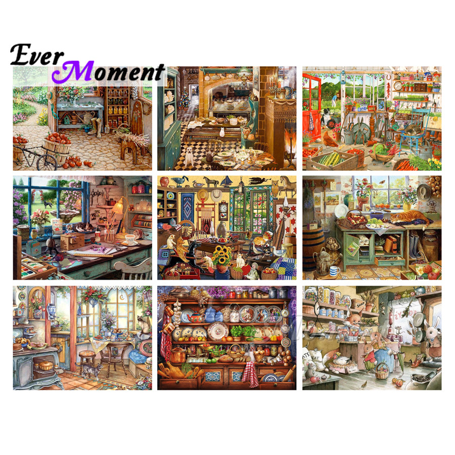 Ever Moment Diamond Art Painting Beads Work Farm Anime Kitchen Flower Cat 5D DIY Full Square Resin