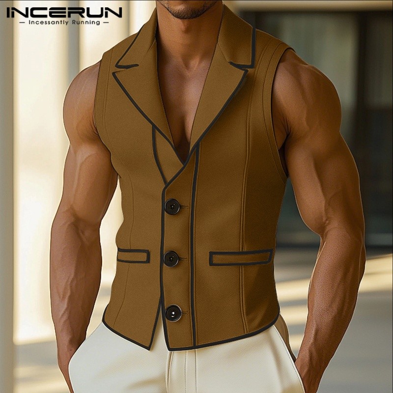 Incerun Men Vests Patchwork Lapel Sleeveless Button Casual Male Waistcoats Color-Block Streetwear