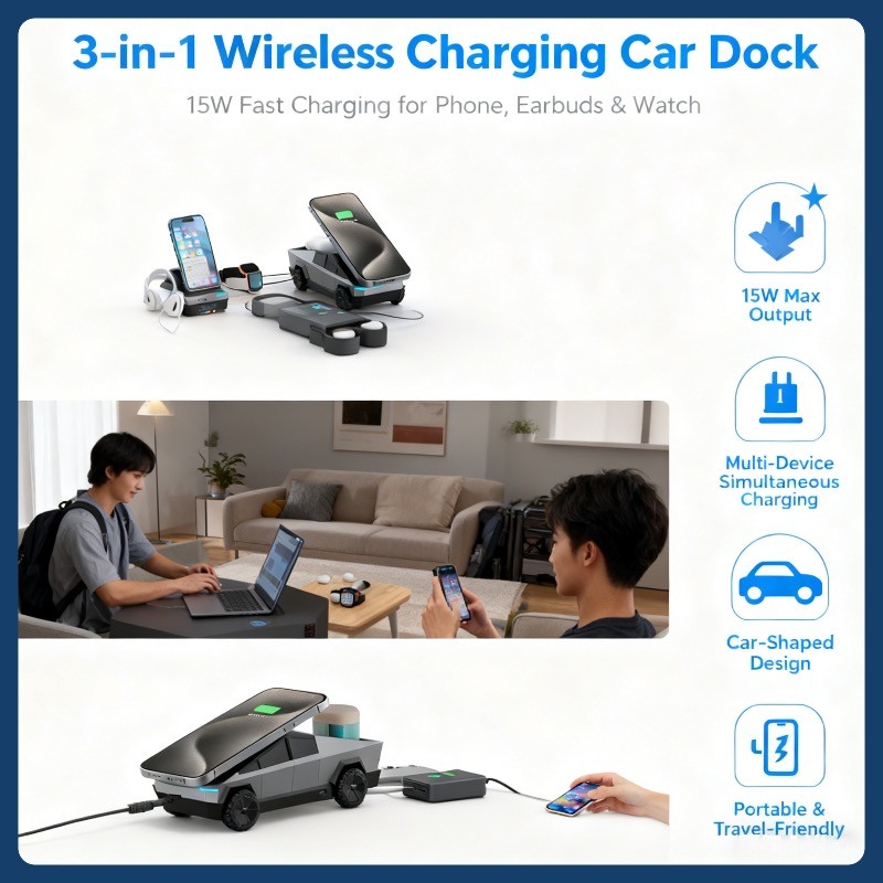 3-in-1 Wireless Charger for Tesla Cybertruck, Qi2 Certified Fast Charging Station for iPhone,