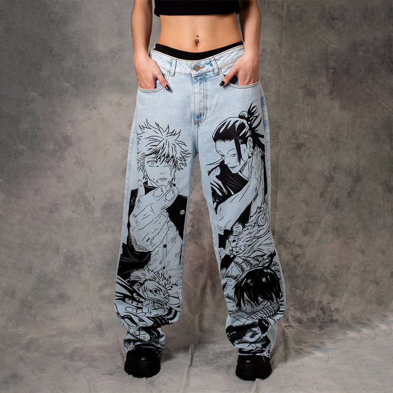 Y2K Casual High Waist Jeans Black White Anime Character Graphic Printing Design Loose Wide Leg Jeans