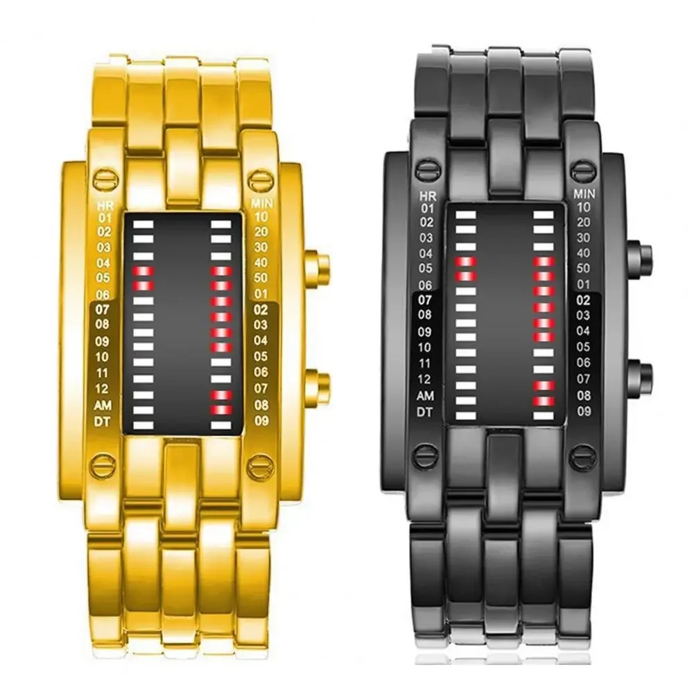 Men Women Future Technology Binary Black Stainless Steel Couple Watch Date Digital LED Bracelet