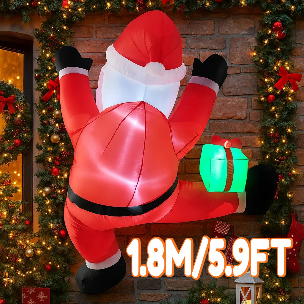 1.8M/5.9FT Inflatable Santa Claus Climbing with Gift Lights LED Home Decoration Toys Yard Xmas