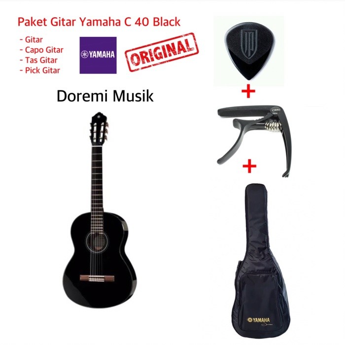 Paket Gitar akustik Yamaha C40 Black Original resmi