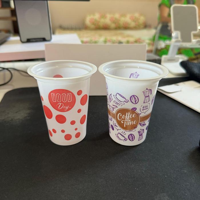 Gelas Plastik FU 200ml Printing Bola-Bola Coffee Time Violet / Gelas Pesta Motif Polkadot Kopi @50