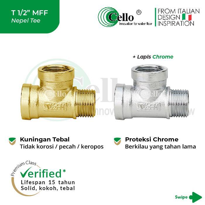 [Cello T 1/2'' MFF] Nepel T Lapis Chrome / Kuningan Sambungan Kran Drat Luar Dalam 1/2 Gratis Ongkir
