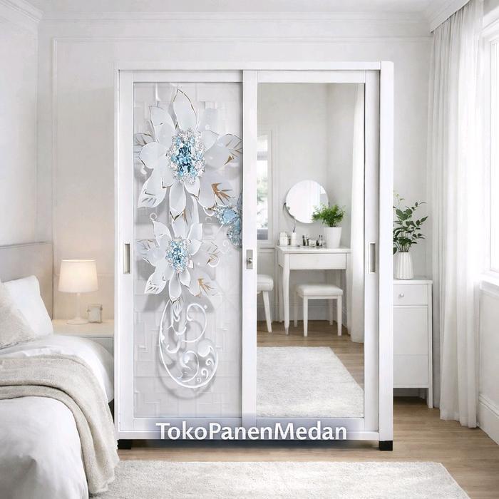 Lemari Baju Besi 2 Pintu Sliding Kaca | Lemari Pakaian Pintu Geser Motif Bunga