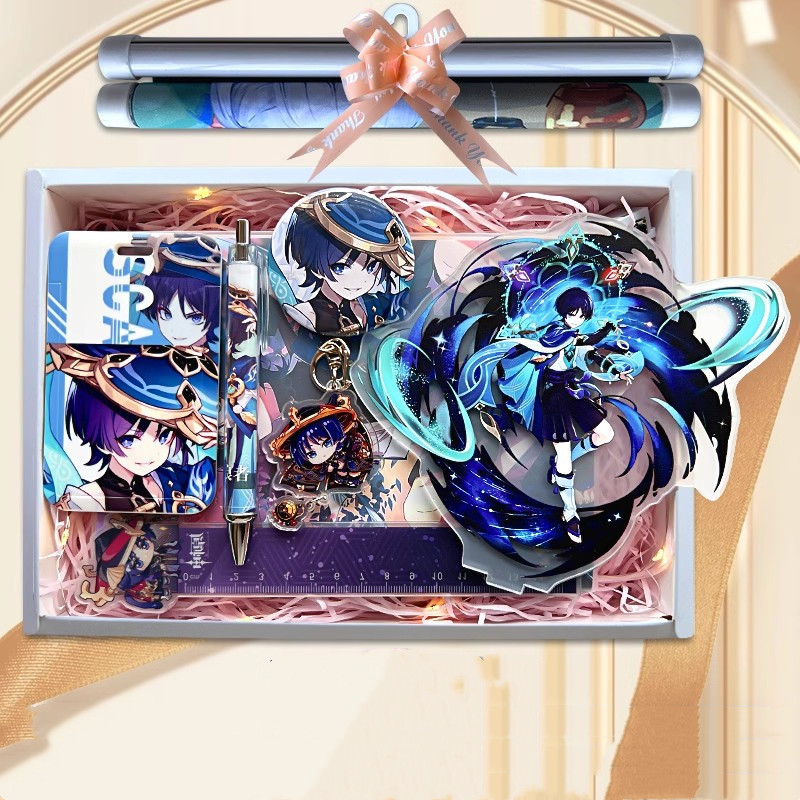 Genshin Impact Figure Wanderer Zhongli Yae Miko Gift Box Include Keychain Badge Wall Hanging