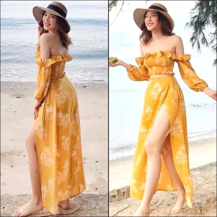 Baju Setelan Pantai Bali Sabrina Blair Set Flowers/Bunga-Bunga (Crop Top + Long Skirt)