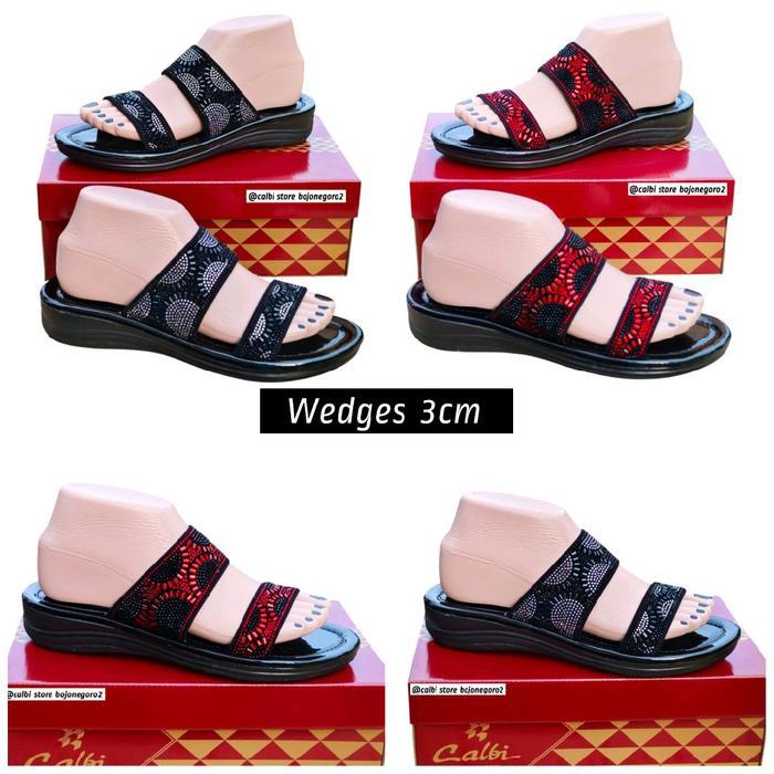 (( Original )) Sandal Wanita Calbi Selop Model Permata Glamour - Tinggi Hak Sedang - Hitam, Merah,