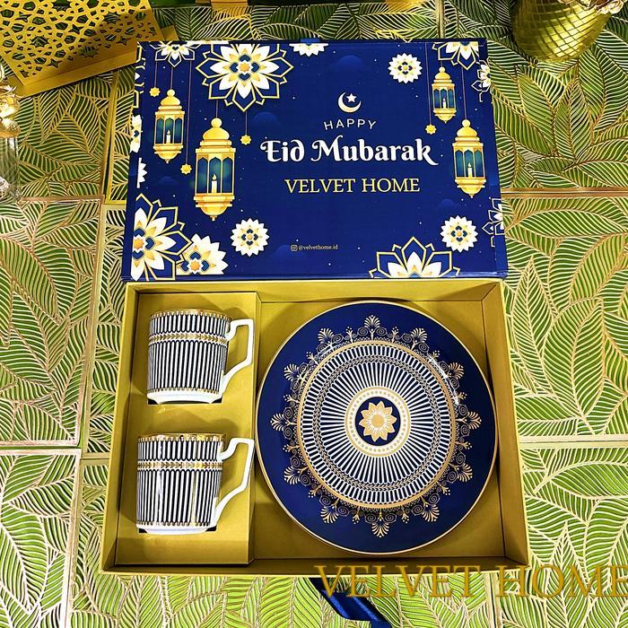 Hampers set piring mug gelas biru garis lebaran idul fitri lebaran