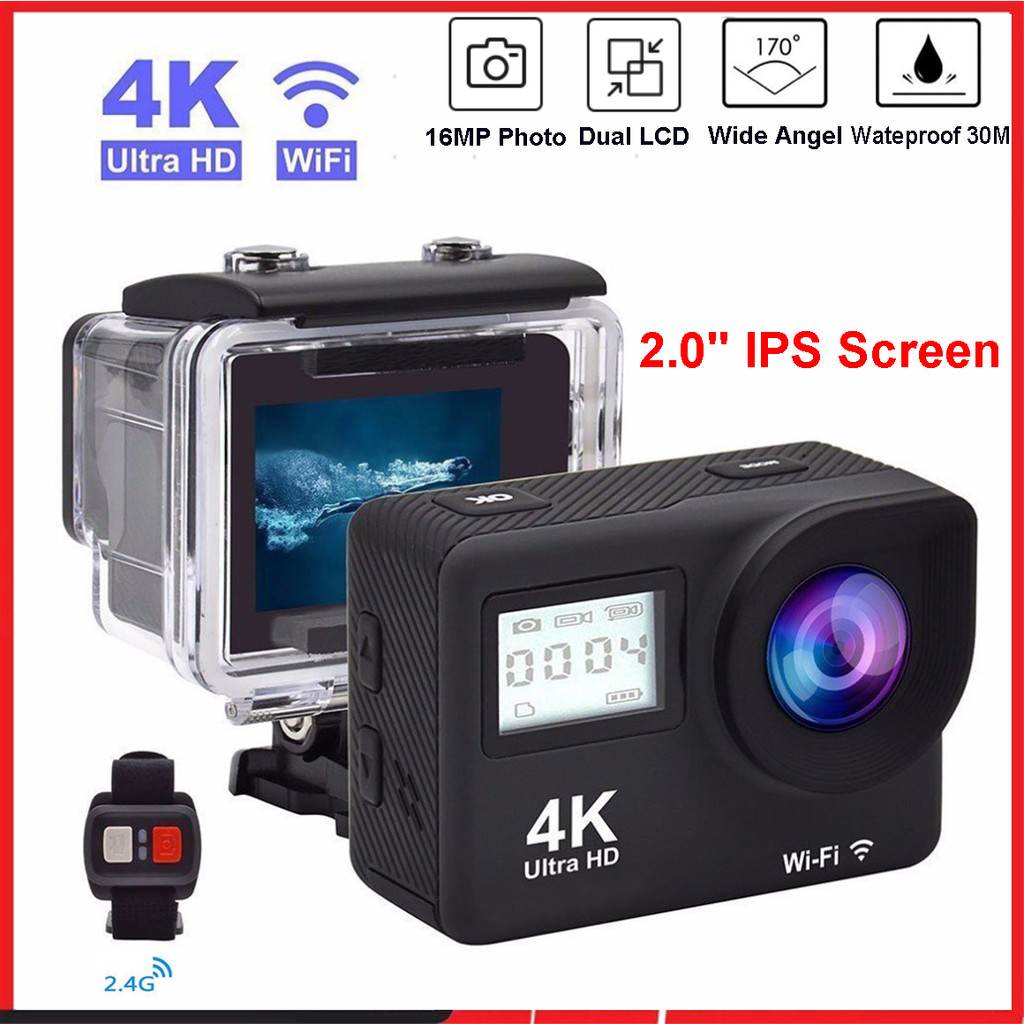 4K Ultra HD Action Camera Double LCD 2" IPS Wi-F 16MP 30M Go Waterproof Pro Sport DV Helmet Video Ca