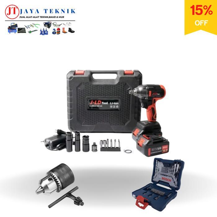 Paket Lengkap Impact wrench Cordless JLD Merah 2 Baterai 350 NM Mesin Impact Wrench Baterai 48 Volt