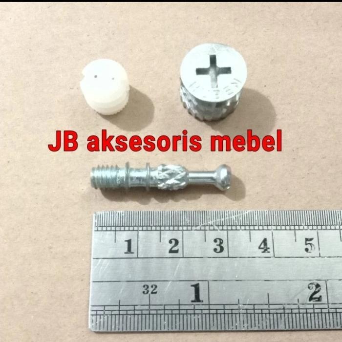 BAUT SKRUP MINIFIX NANAS MF 15 mm KOMPLIT SET PANJANG 30 mm (3 cm) / AMBALAN SEKRUP BESI KNOCK DOWN