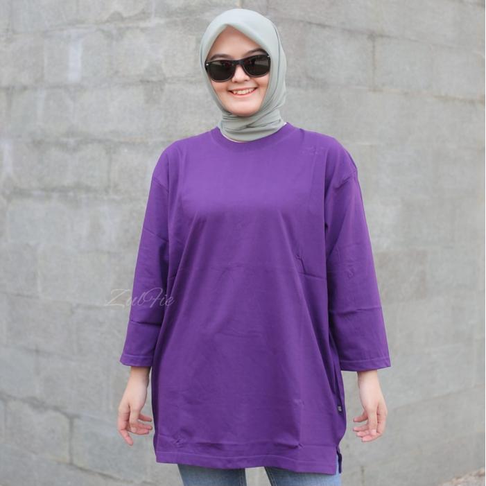 Kaos Oversize Wanita Panjang Basic Polos Ungu Lengan 7/8 Belah Pinggir Atasan Jumbo Dewasa Muslimah