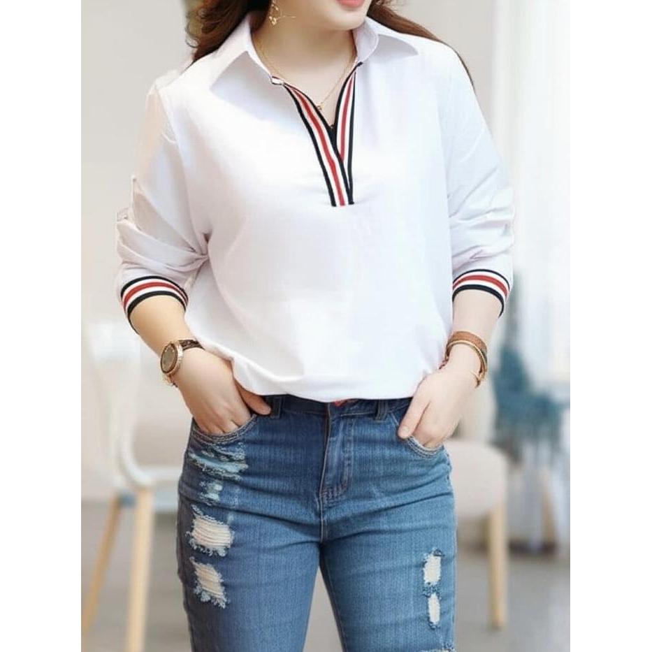 Best Seller Kemeja Wanita Putih Casual Cotton Stretch V-Neck Kemeja Korea Kemeja Putih Baju Katun -