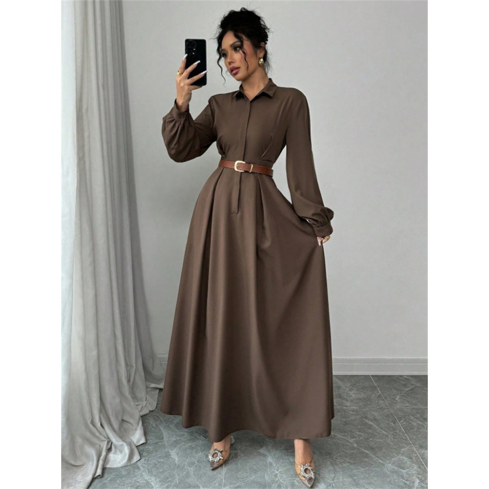 Plus Size Brown Long Duster Coat Dress V-Neck Button Down Shirt Dress with Adjustable Waist Belt,