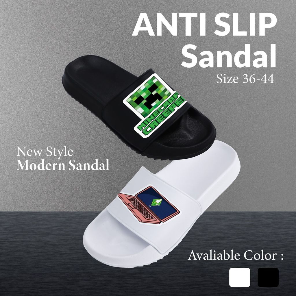 Sandal Anti Slip Pria Wanita Couple Trendy - Desain Creeper & Icon Sims - Nyaman Indoor Outdoor Kual