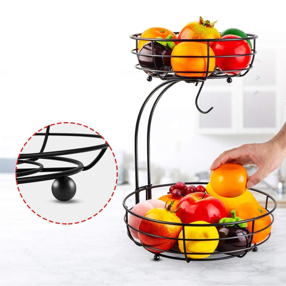 LMETJMA 2-Tier Countertop Fruit Basket Bowl with Banana Hanger Kitchen Metal Wire Fruits Stand