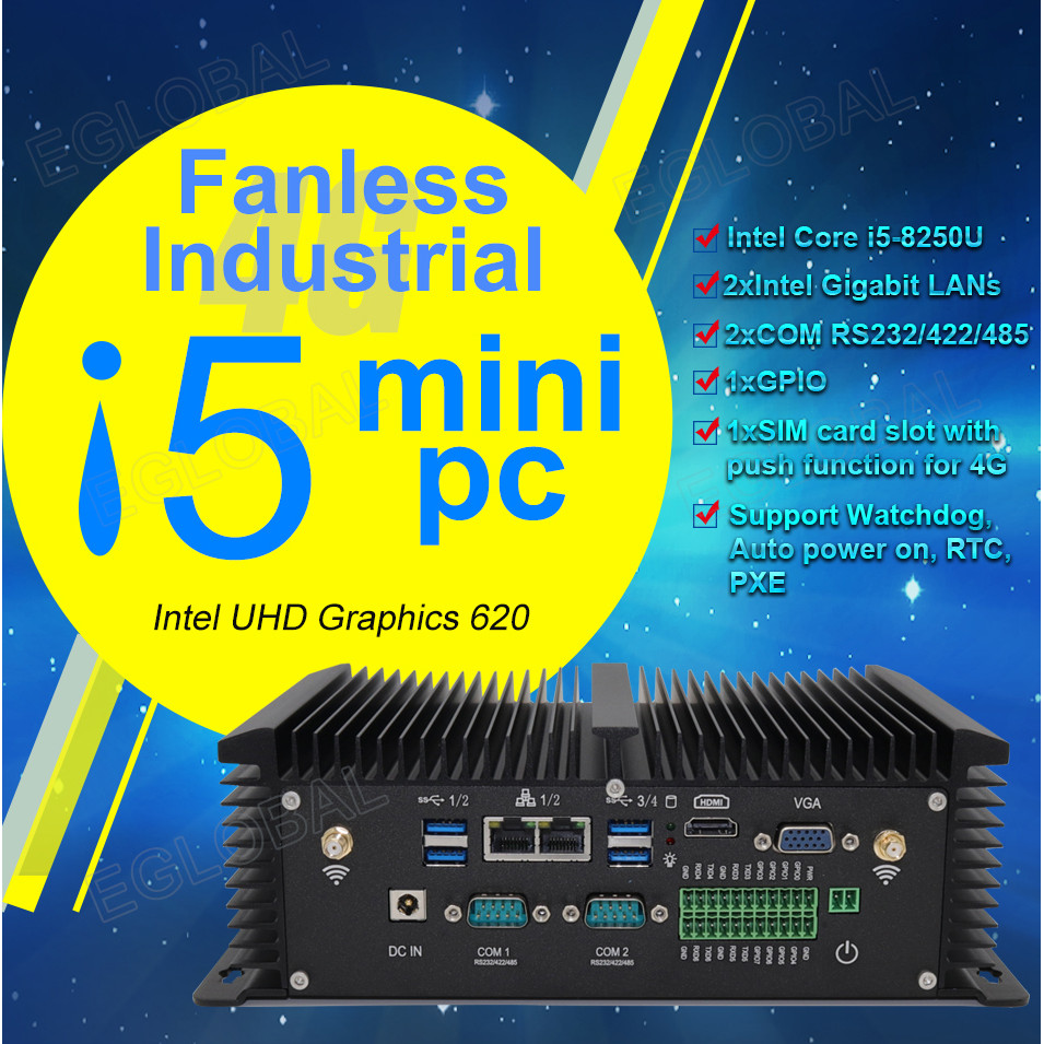 Industrial Mini PC Intel Core i5 8250U i7 7500U Barebone System 3G/4G SIM 2 RS485 COM GPIO 2 RJ45 La