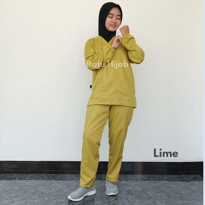 [Ratuhijabcilacap] Baju Seragam Perawat Ok Oka Lengan Panjang Karet Kerah V Baju Jaga Scrub Dokter