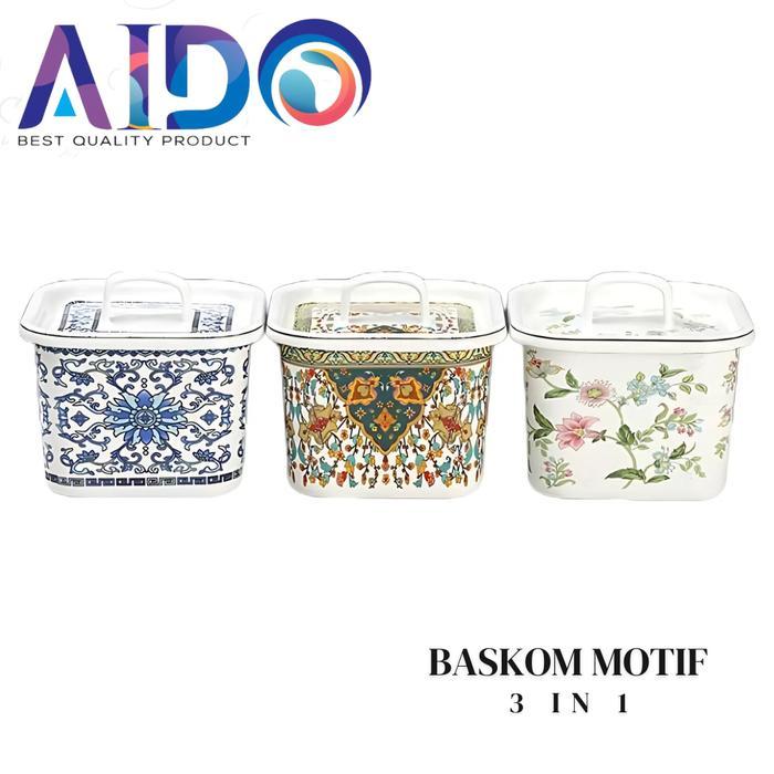 AIDO Wadah Saji Makanan Set Wadah Lauk Enamel Keramik Persegi Motif Serbaguna 3 in 1 Dengan Tutup
