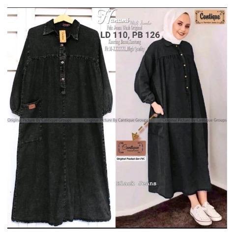 Hannami Midi Dress Jeans JUMBO LD 110 120 130 Kancing Kantong Kerah Muslim Gamis Panjang IS