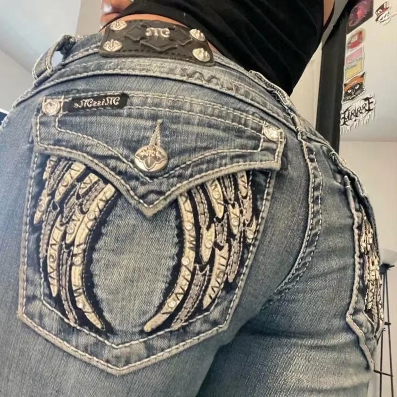 Retro Miss Me Boot Cut Jeans Female Y2K New Blue Jeans Embroidered Wing Pocket Hip Hop Harajuku
