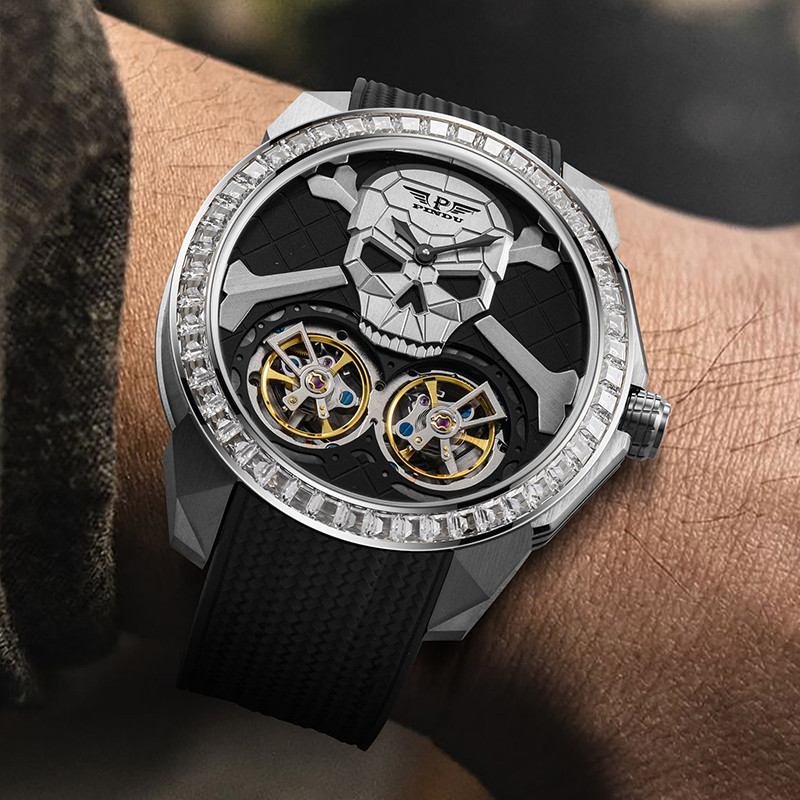 PINDU Watch New TOP Men Mechanical Watches Double Flywheel Automatic Movement Skull Halloween