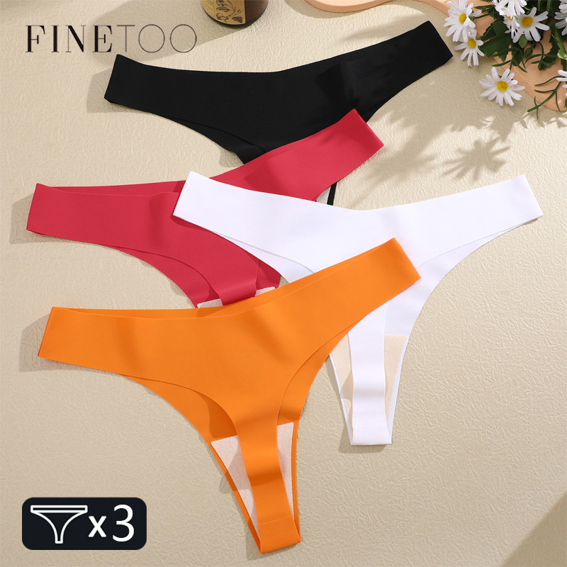 Finetoo 3Pcs Women Ice Silk Seamless Underpants Panties Sexy V-Waist Sport Thongs Low Rise 10 Soild