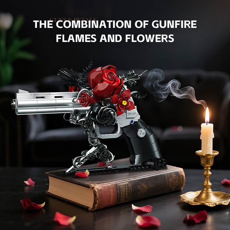Technical Mechnical Rose Revolver Pistol Gun Building Blocks Military Red Flower Petal Gun MOC