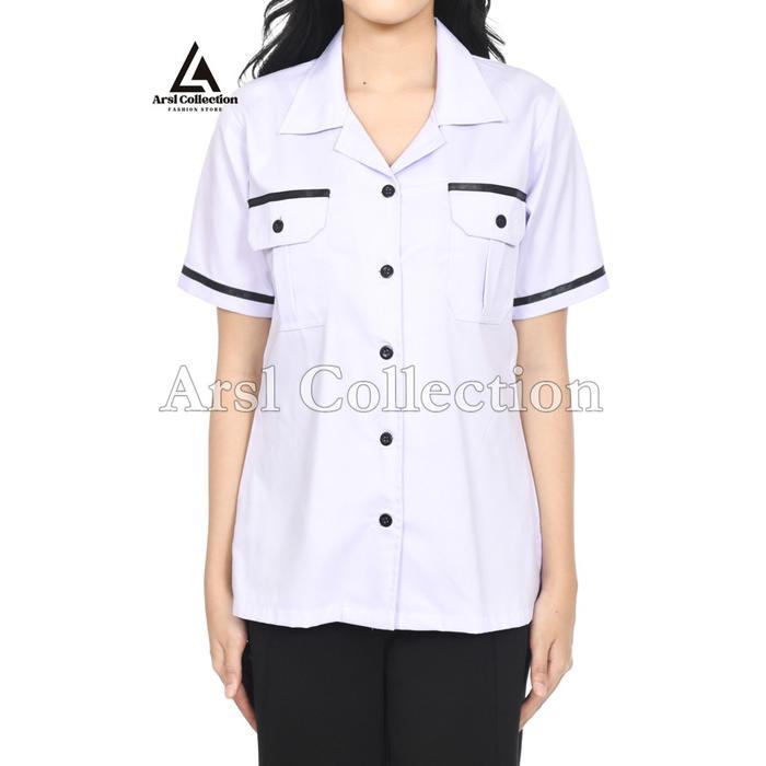 Atasan PDH Wanita Baju Kemeja Dinas Putih List Hitam,Polos Formal & Nyaman