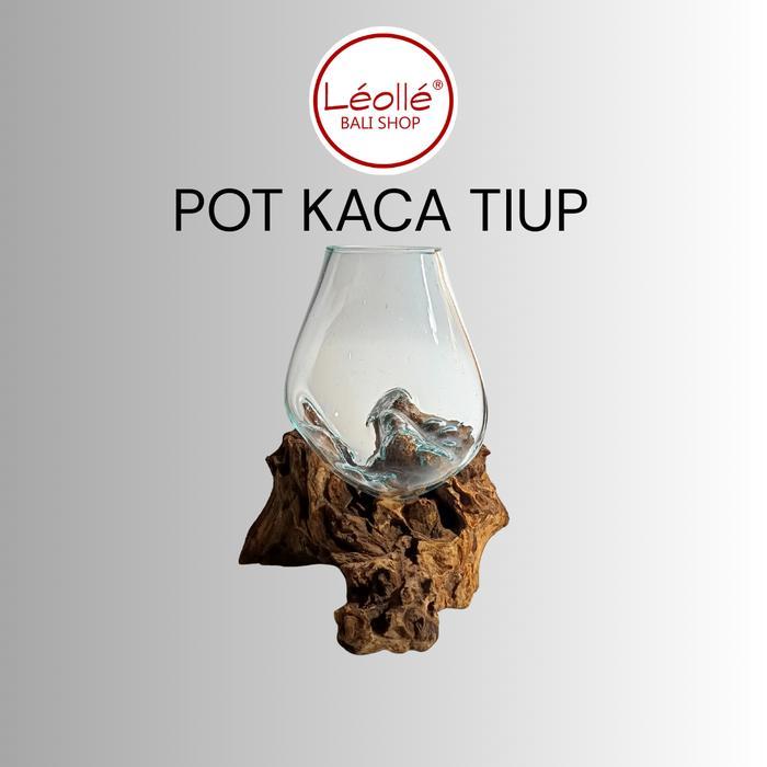 Leolle Bali Vas Kaca Tiup Handmade Bali di Atas Kayu Natural Dekorasi Rumah Minimalis & Vase Bunga