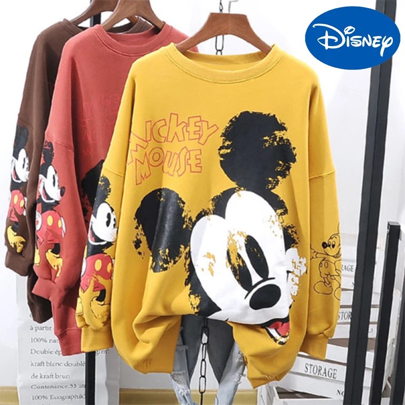 Disney Mickey Female Sweatshirts Anime Winter Hoodless Hoodie Oversize Long-Sleeve Harajuku Pullover