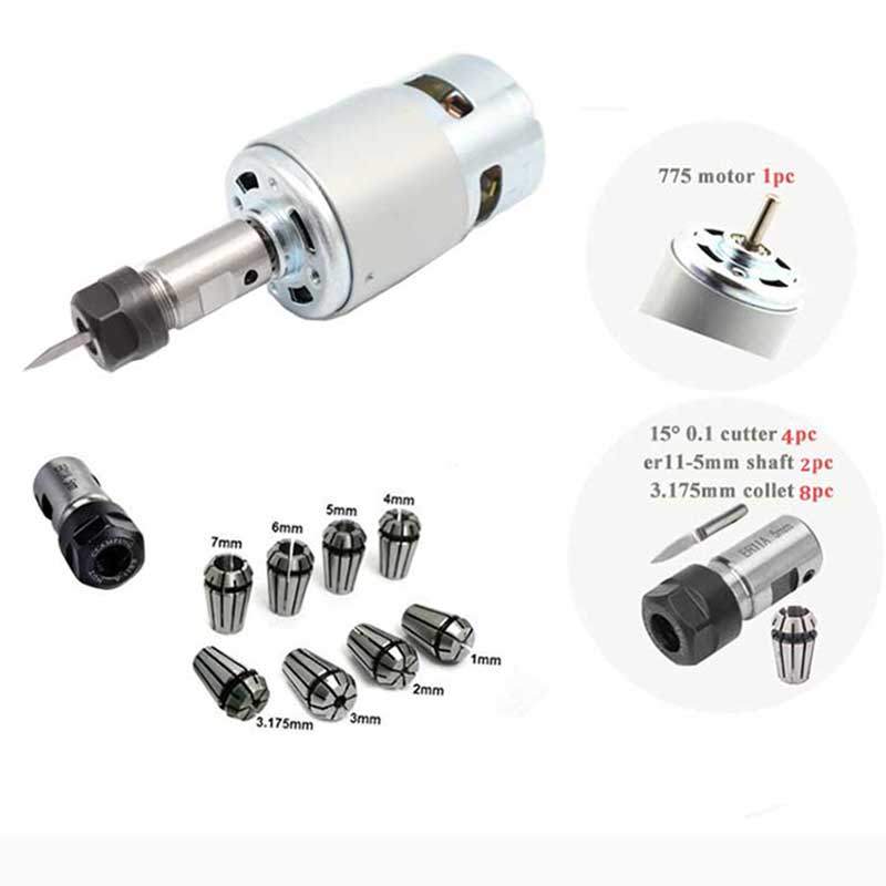 Motor DC 775 12-36V Motor Spindel Bantalan Bola dengan Pisau Ukir Batang Ekstensi ER11 untuk Mesin R