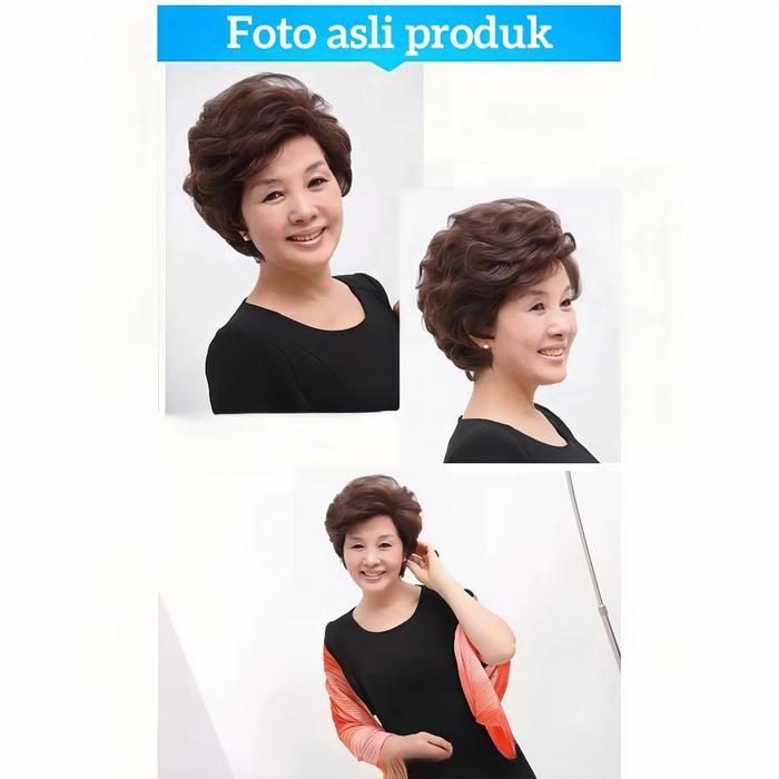 SALE wig rambut pendek curly Rambut Palsu Wanita Asli Medium Tua Rambut Keriting Pendek Gaya Ibu Tua